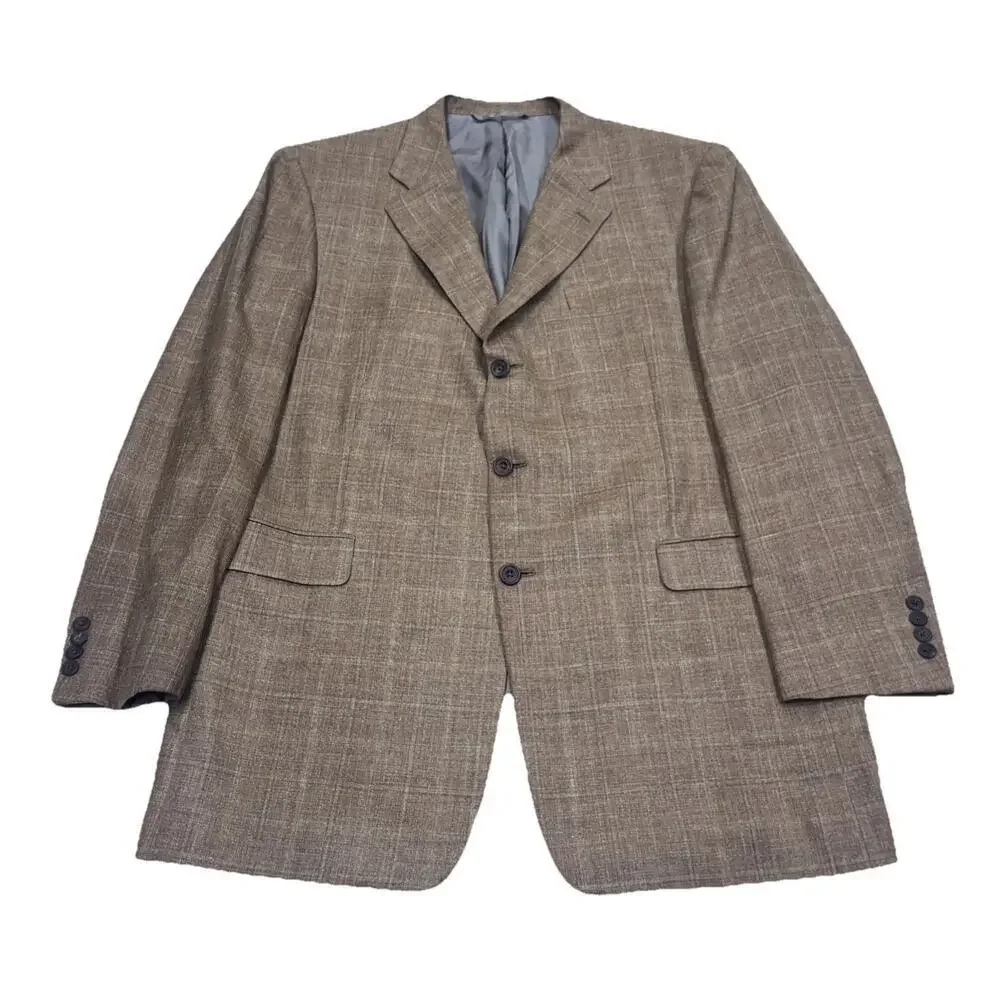 Hickey Freeman Mens Silk Linen Wool Plaid Blazer 44L Brown Sport Coat Jacket